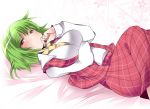 1girl ascot blush breasts commentary_request green_hair hammer_(sunset_beach) kazami_yuuka large_breasts looking_at_viewer lying plaid plaid_skirt plaid_vest red_eyes short_hair skirt skirt_set solo touhou