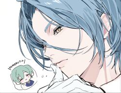  2boys aqua_hair blue_hair chibi close-up closed_eyes closed_mouth earclip ensemble_stars! expressionless finger_to_mouth from_side gloves green_eyes hair_between_eyes hand_up highres himeru_(ensemble_stars!) kazehaya_tatsumi long_hair_between_eyes looking_ahead male_focus mole mole_under_eye multiple_boys multiple_moles short_hair simple_background smile solo_focus white_background white_gloves zetsubou_wo_okurou_ka 