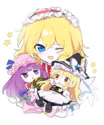  3girls alice_margatroid an_72h apron black_hat black_skirt blonde_hair blue_eyes braid braided_sidelock commentary dress frilled_apron frilled_hairband frilled_skirt frills hairband hat highres jitome kirisame_marisa long_hair looking_at_viewer mob_cap multiple_girls one_eye_closed open_mouth patchouli_knowledge purple_dress purple_hair purple_hat shirt short_hair simple_background skirt star_(symbol) touhou touhou_lostword untranslatable_commentary violet_eyes white_apron white_background white_shirt witch_hat 