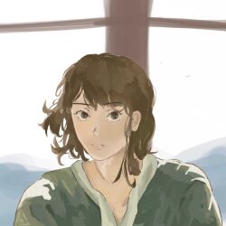  1boy backlighting brown_eyes brown_hair commentary dev.idk. english_commentary floating_hair green_robe highres light_frown looking_at_viewer male_focus messy_hair noctis_(shadow_slave) robe shadow_slave short_hair solo upper_body 