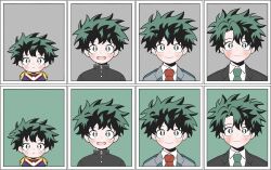  0yuzuade 1boy black_eyes blazer blush boku_no_hero_academia closed_mouth collared_shirt freckles gakuran green_background green_hair green_necktie grey_background highres jacket looking_at_viewer male_focus midoriya_izuku multiple_boys necktie open_mouth red_necktie scar scar_on_face school_uniform shirt short_hair u.a._school_uniform white_shirt 