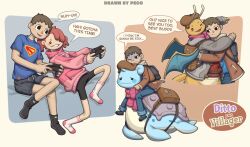  1boy 1girl absurdres animal_crossing beret brown_hair company_connection crossover ditto dragonite english_text female_protagonist_(pokemon_pokopia) hat highres hug lapras nintendo peco2057 playing_games pokemon pokemon_(creature) pokemon_pokopia speech_bubble superman_logo transformed_ditto triangle_nose villager_(animal_crossing) 