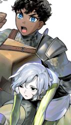  2boys armor bags_under_eyes black_eyes black_hair blue_eyes carrying carrying_person chainmail curly_hair dark-skinned_male dark_skin dungeon_meshi elf gapamopa grey_hair highres kabru lazy_eye leather_armor long_sleeves male_focus mithrun multiple_boys notched_ear open_mouth pauldrons pointy_ears shirt short_hair shoulder_armor simple_background single_pauldron sweatdrop tunic uneven_eyes white_background 