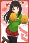  1girl alternate_costume antlers bangs bell black_hair black_legwear blunt_bangs blush boots chitanda_eru cleavage_cutout heart highres hyouka leg_up long_hair looking_at_viewer max_melon_teitoku merry_christmas open-chest_sweater pom_poms skirt smile solo sweater thigh-highs violet_eyes 