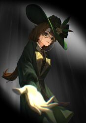  1girl black_background commentary_request flower from_below glasses gloves green_eyes green_hat green_jacket hat hat_feather hat_flower highres jacket kakania_(reverse:1999) looking_at_viewer low_ponytail moondown_(twtmoondown) neck_ribbon outstretched_hand parted_lips picture_hat ponytail red_ribbon reverse:1999 ribbon round_eyewear shirt solo upper_body white_gloves white_shirt yellow_flower 