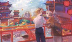  2boys afk_(konnosukeluv) alternate_costume architecture blonde_hair boat commentary east_asian_architecture english_commentary fire_emblem fire_emblem_fates grey_hair japanese_clothes lantern leo_(fire_emblem_fates) looking_back multiple_boys paper_lantern takumi_(fire_emblem) water watercraft 