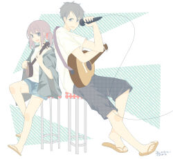  1boy 1girl absurdres acoustic_guitar back-to-back black_hair black_shorts blue_eyes blue_shorts chiya0924 dated guitar guitar_strap hair_ribbon highres holding holding_microphone holding_plectrum instrument looking_at_another microphone music on_stool original playing_instrument plectrum purple_hair red_ribbon ribbon sandals sanshin shirt shorts side_ponytail signature sitting stool t-shirt violet_eyes white_background white_shirt 