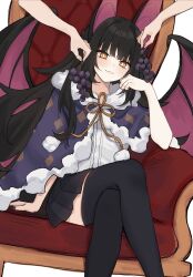  1girl 2others animal_ears bat_ears bat_girl bat_wings black_hair black_skirt black_thighhighs commentary crossed_legs english_commentary food fruit grapes hair_intakes highres indie_virtual_youtuber long_hair looking_at_viewer moriko_kyoho mugripley multiple_others poncho shirt sitting skirt thigh-highs thighs very_long_hair virtual_youtuber white_shirt wings yellow_eyes 