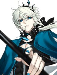  1boy blue_eyes blue_hair blue_nails commentary_request crown fate/grand_order fate_(series) genderswap genderswap_(ftm) grey_hair highres long_hair morgan_le_fay_(fate) morgan_le_fay_(third_ascension)_(fate) pectoral_cleavage pectorals seseragi_azuma white_background 