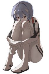  1girl ayanami_rei blue_hair bodysuit closed_mouth face_in_shadow full_body highres holding_own_wrist hugging_own_legs interface_headset_(evangelion) looking_at_viewer mecha_pilot_suit neon_genesis_evangelion plugsuit_(evangelion) red_eyes ru_neko_ru short_hair simple_background sitting solo white_background white_bodysuit 