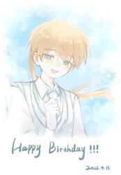  1boy :d amano_mashiro blue_eyes blue_sky blush brown_hair clouds cloudy_sky collared_shirt commentary_request cropped_torso dated dress_shirt earrings english_text gloves grey_vest hand_up happy_birthday hapr_(noneprice) highres jewelry long_hair looking_at_viewer low_ponytail male_focus mitsudomoe_koubou_(series) necktie open_mouth oshi_no_taisetsuna_hito_ni_narikawaru ponytail shirt sky sleeves_rolled_up smile solo stud_earrings upper_body vest white_gloves white_necktie white_shirt 