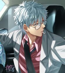  1boy black-framed_eyewear car_interior cigarette collared_shirt commentary_request gintama glasses highres jacket lapels looking_back looking_to_the_side male_focus notched_lapels open_clothes open_collar open_jacket oukasakata red_shirt sakata_gintoki seatbelt shirt short_hair sideways_glance signature sitting smoking solo white_hair white_jacket wing_collar 