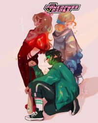  3girls back black_hair blonde_hair blossom_(ppg) blue_bow bow bubbles_(ppg) buttercup_(ppg) commentary converse copyright_name full_body green_hair green_jacket hair_bow hair_ribbon half_updo hands_in_pockets highres hood hoodie jacket long_hair multiple_girls nadiabeeart on_one_knee orange_hair pink_ribbon powerpuff_girls ribbon short_hair smile socks sparkle 