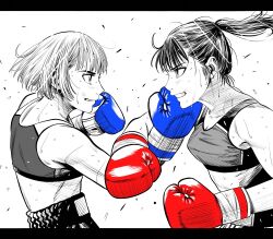 2girls boxing boxing_gloves boxing_shorts breasts commentary_request duel flying_sweatdrops hatching_(texture) high_ponytail highres lee_(dragon_garou) letterboxed linear_hatching medium_breasts midriff motion_lines mouth_guard multiple_girls original ponytail punching short_hair shorts sports_bra sweat uppercut very_sweaty 