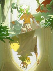  1boy arm_up blue_eyes child closed_eyes commentary_request crossed_bangs crown darmanitan double-parted_bangs green_hair highres jewelry long_hair male_focus n_(pokemon) necklace open_mouth orange_shirt pants pokemon pokemon_(creature) pokemon_black_and_white profile robe shirt short_sleeves smile standing t-shirt triangle_mouth upside-down white_pants white_robe woobat zero_(sleepy_meltan) zorua 