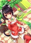 1girl animal_ears asymmetrical_legwear black_hair box breasts cat_ears cat_tail christmas christmas_tree cleavage detached_sleeves dutch_angle gift gift_box highres kaede_(003591163) looking_at_viewer original red_eyes solo tail thigh-highs zettai_ryouiki 