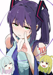  3girls absurdres ahoge blonde_hair blue_eyes blush cho_kaguya-hime! colored_inner_hair commentary cosplay detached_sleeves dragoon_magnum drooling fox_shadow_puppet green_eyes hatsune_miku hatsune_miku_(cosplay) highres kaguya_(cho_kaguya-hime!) long_hair looking_at_viewer mole mole_under_eye mouth_drool multicolored_hair multiple_girls necktie pink_hair purple_hair purple_necktie runami_yachiyo sakayori_iroha shirt sleeveless sleeveless_shirt twintails vocaloid white_hair 