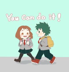  1boy 1girl bag black_thighhighs blazer blush boku_no_hero_academia brown_eyes brown_hair brown_shoes collared_shirt double_horizontal_stripe freckles green_background green_eyes green_hair green_pants green_skirt grey_jacket happy hetero highres jacket loafers midoriya_izuku multicolored_hair necktie onakasuiteru025 open_mouth pants pink_bag red_necktie red_shoes school_uniform shirt shoes short_hair skirt split-color_hair teeth thigh-highs u.a._school_uniform uraraka_ochaco walking white_shirt yellow_bag 