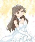 1girl ajino_(sakanahen) alternate_costume arashio_(kantai_collection) bare_shoulders breasts bridal_veil brown_hair cleavage detached_collar dress earrings elbow_gloves gloves grin hands_together jewelry kantai_collection long_hair petals smile solo strapless_dress tiara veil wedding_dress white_dress white_gloves yellow_eyes 