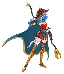  1girl absurdres armor armored_boots bandaged_leg bandages belt blue_hair boots breasts cape commentary commission dagger dang_(runescape) duellist's_cap_(tier_6) english_commentary fingerless_gloves full_body gem gladiator gloves glowing_hat gold_trim green_belt green_cape green_gem green_nails hat highres holding holding_staff holding_weapon knife leg_armor leotard long_hair mage_staff medium_breasts old_school_runescape orange_eyes original poleyn red_leotard runescape second-party_source simple_background skirt smile smug solo spiked_ear_piercing staff staff_of_armadyl_(runescape) standing sun_symbol sword tealst weapon white_background yellow_eyes 