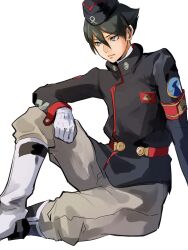  1boy 4me3ba_niku armband black_hat black_jacket boots dominic_sorel double-parted_bangs eureka_seven eureka_seven_(series) gloves green_hair grey_eyes grey_pants hair_between_eyes hat highres jacket military_hat military_uniform pants patch red_armband short_hair simple_background sitting solo white_background white_boots white_gloves 