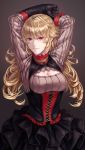  1girl arms_behind_head arms_up black_background black_gloves blonde_hair cleavage_cutout corset gloves lips long_hair mstm original red_eyes skirt solo 
