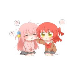  ... 2girls ? black_socks blush bocchi_the_rock! bow bowtie brown_shirt cheek_pinching chibi chibi_only closed_eyes closed_mouth commentary_request cube_hair_ornament full_body gotoh_hitori grey_skirt hair_ornament jacket kita_ikuyo long_hair long_sleeves miniskirt multiple_boys multiple_girls no_shoes one_side_up open_mouth pinching pink_hair pink_jacket rebecca_(keinelove) red_bow red_bowtie red_hair sailor_collar seiza shirt simple_background sitting skirt socks spoken_ellipsis spoken_question_mark track_jacket white_background white_sailor_collar white_socks yellow_eyes 