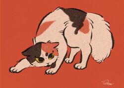  animal animal_focus body_fur brown_fur calico_(pattern) calico_cat cat colored_sclera highres leaning_forward lying multicolored_fur no_humans on_stomach orange_background orange_fur original oto_animal simple_background solo whiskers yellow_sclera 