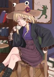  1girl black_boots black_jacket blonde_hair book boots brown_eyes chair commentary_request crossed_legs eye_on_hat high-waist_skirt highres indoors jacket japanese_clothes kimono long_hair looking_at_viewer moriya_suwako on_chair one_eye_closed painting_(object) purple_kimono shelf sidelocks sitting skirt solo table touhou veow wooden_floor 