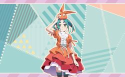  1girl :o aqua_background aqua_hair aqua_thighhighs black_thighhighs border bow cape card_commentary center_frills commentary cowboy_shot dot_nose dress expressionless eyelashes frilled_dress frills googly_eyes green_eyes hand_on_headwear hat hat_bow highres letterboxed light_blush mahou_shoujo_madoka_magica mahou_shoujo_madoka_magica_magia_exedra medium_hair mini_hat monogatari_(series) multicolored_thighhighs ononoki_yotsugi orange_bow orange_dress orange_hat outline outside_border parted_lips pink_border puffy_short_sleeves puffy_sleeves ribbon short_dress short_sleeves sleeve_bow solo standing striped_clothes striped_thighhighs thick_eyebrows thigh-highs triangle_background turtleneck twintails two-tone_thighhighs waist_ribbon white_cape white_ribbon yellow_outline 