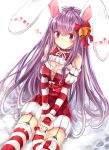  1girl animal_ears bow breasts christmas cleavage detached_sleeves garter_straps hair_bow halterneck heart highres long_hair purple_hair rabbit_ears red_eyes reisen_udongein_inaba sitting striped striped_legwear tagme thigh-highs touhou xe-cox 