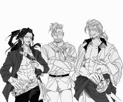  3boys abs beard_stubble belt closed_eyes commentary_request cowboy_shot crossed_arms eye_contact facial_hair goatee greyscale gun hand_on_own_hip holding holding_gun holding_weapon ilove2d3d4d izou_(one_piece) korean_commentary looking_at_another marco_(one_piece) monochrome multiple_boys neckerchief one_piece ponytail sash short_hair simple_background smile stitched_face stitches stubble thatch_(one_piece) weapon 