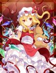  1girl 6u_(eternal_land) :d blonde_hair doll_hug flandre_scarlet frills gloves looking_at_viewer mob_cap open_mouth red_eyes side_ponytail smile solo stuffed_animal stuffed_toy teddy_bear touhou white_gloves wings 