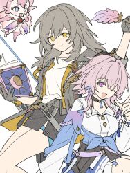  1other 2girls ;d as_i've_written_(honkai:_star_rail) belt black_gloves black_skirt blue_dress blue_skirt book brooch buttons choker closed_mouth dress feet_out_of_frame film_grain finger_gun gloves gradient_clothes gradient_dress grey_hair grey_jacket hair_ribbon hand_to_own_mouth heart heart_brooch highres holding holding_book holding_quill honkai:_star_rail honkai_(series) jacket jewelry march_7th_(honkai:_star_rail) march_7th_(preservation)_(honkai:_star_rail) mem_(honkai:_star_rail) multicolored_eyes multiple_girls one_eye_closed open_mouth pink_hair purple_belt purple_dress quill ribbon rizu033 shirt simple_background skirt smile star-shaped_pupils star_(symbol) stelle_(honkai:_star_rail) symbol-shaped_pupils thigh_strap tied_jacket trailblazer_(honkai:_star_rail) white_background white_shirt yellow_eyes 