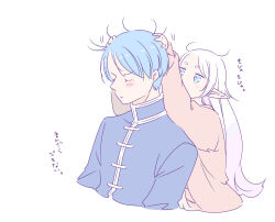 1boy 1girl closed_eyes commentary_request cropped_torso cutting_hair elf frieren hair_down hands_on_another's_head highres himmel_(sousou_no_frieren) long_hair long_sleeves pointy_ears sachinyopo shirt simple_background sousou_no_frieren translation_request white_background white_hair 