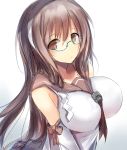  1girl aqua-framed_glasses bespectacled blush breasts brown_eyes brown_hair glasses gradient gradient_background grey_background hairband highres kantai_collection large_breasts long_hair looking_at_viewer nao_(qqqbb) natori_(kantai_collection) older school_uniform semi-rimless_glasses serafuku sketch solo under-rim_glasses very_long_hair white_background 