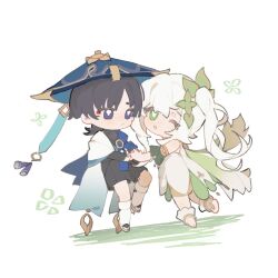  1boy 1girl anklet armlet asymmetrical_sidelocks black_bodysuit black_bridal_gauntlets black_hair black_shorts blue_cape blue_hat blue_jingasa blue_kimono blue_sleeves blunt_ends bodysuit bridal_gauntlets bright_pupils cape chibi chibi_only choppy_bangs closed_mouth commentary_request detached_sleeves dress eyelashes eyeliner floating furisode genshin_impact gold green_cape green_eyes green_sleeves hair_ornament hakama hakama_shorts hat heart heart_hair_ornament holding_hands japanese_clothes jewelry jingasa juban kimono layered_sleeves leg_warmers levitation long_hair looking_at_another looking_at_viewer makeup nahida_(genshin_impact) one_eye_closed open_clothes open_kimono open_mouth parted_bangs pleated_shorts pom_pom_(clothes) qiuqiure55 red_eyeliner scaramouche_(genshin_impact) short_eyebrows short_sleeves shorts shoulder_peek side_cape side_ponytail sidelocks socks stirrup_footwear toeless_legwear violet_eyes wanderer_(genshin_impact) white_background white_dress white_hair white_kimono white_leg_warmers white_pupils white_sleeves white_socks 