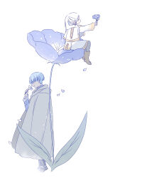  1boy 1girl absurdres black_boots black_pantyhose blue_hair boots brown_boots capelet cloak commentary_request dress elf flower frieren full_body grey_cloak highres himmel_(sousou_no_frieren) holding holding_flower hood hooded_cloak long_sleeves nemophila_(flower) pantyhose petals pointy_ears profile sachinyopo short_hair simple_background sitting sousou_no_frieren standing tunic white_background white_capelet white_dress white_hair 