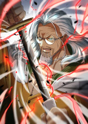  1boy beard drawing_sword facial_hair highres holding holding_sword holding_weapon long_hair male_focus mature_male musasabiop mustache_stubble old old_man one_piece open_mouth orange_shirt round_eyewear scar scar_across_eye scar_on_face shirt silvers_rayleigh solo stubble sword upper_body weapon wind 