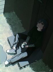  1other absurdres angel_martinez animification clinical_trial_(game) door grass highres layered_sleeves long_sleeves looking_up pants shirt shoes short_over_long_sleeves short_sleeves sitting sneakers sseung_e t-shirt 