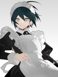  1boy 2boys absurdres ahoge alternate_costume apron artist_name back_bow black_dress black_hair bow celiayvyv chinese_commentary closed_mouth commentary_request cowboy_shot crossdressing crossdressing_(mtf) danganronpa_(series) danganronpa_v3:_killing_harmony dress enmaided frilled_apron frills frown gradient_background green_eyes grey_background hair_between_eyes hand_up highres juliet_sleeves long_sleeves looking_ahead maid maid_apron maid_headdress male_focus male_maid multiple_boys puffy_sleeves saihara_shuichi short_hair simple_background solo white_apron white_bow 