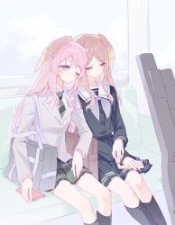  2girls artist_request bag bang_dream! bang_dream!_it's_mygo!!!!! black_socks blue_eyes blue_shirt blue_skirt brown_hair cellphone chihaya_anon chinese_commentary closed_eyes closed_mouth commentary_request commission diagonal-striped_clothes diagonal-striped_necktie green_necktie green_skirt grey_bag grey_jacket grey_neckerchief guitar_case haneoka_school_uniform head_wings highres instrument_case jacket long_hair multiple_girls nagasaki_soyo neckerchief necktie one_eye_closed phone pink_hair plaid_clothes plaid_skirt pleated_skirt school_uniform second-party_source shirt shoulder_bag skirt smartphone socks striped_clothes tsukinomori_school_uniform wings 