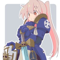  1girl adeptus_astartes armor brown_eyes commentary grey_background hand_on_hilt highres long_hair onii-chan_wa_oshimai! outline oyama_mahiro pauldrons pink_hair ponytail shield shoulder_armor simple_background smile solo sword unkimo v-shaped_eyebrows very_long_hair warhammer_40k weapon white_outline 