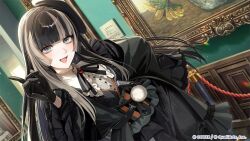  1girl :d black_bow black_bowtie black_gloves black_hair black_hat black_kimono blue_eyes blunt_bangs bow bowtie commentary_request copyright_notice frilled_shirt_collar frills gloves grey_hair hand_on_own_hip hand_up hat hime_cut hololive hololive_dev_is hololive_dreams indoors japanese_clothes juufuutei_raden kimono lace-trimmed_sleeves lace_trim long_hair looking_at_viewer multicolored_hair museum official_alternate_costume official_art open_mouth painting_(object) pom_pom_(clothes) ribbed_shirt shirt smile solo straight_hair tilted_headwear two-tone_hair virtual_youtuber white_shirt wide_sleeves 