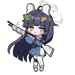  1girl ahoge animal_ears black_hair blue_archive blush braid commentary_request fake_animal_ears halo highres jkh262 leaf leaf_on_head long_hair long_sleeves looking_at_viewer miyu_(blue_archive) open_mouth rabbit_ears red_eyes school_uniform serafuku shirt skirt solo swimsuit 