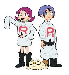  1boy 1girl aged_down alternate_hairstyle black_boots blue_eyes boots commentary earrings english_commentary green_eyes jacket james_(pokemon) jessie_(pokemon) jewelry kiana_mai koonya_(baby_meowth) looking_at_viewer open_mouth oversized_clothes pants pink_hair pokemon pokemon_(anime) pokemon_(creature) pokemon_gold/silver/crystal_(prototype) purple_hair short_hair simple_background skirt sleeves_past_fingers sleeves_past_wrists smile sphere_earrings white_background white_jacket white_pants white_skirt 