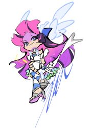  angel angel_wings bare_shoulders black_hair blue_bow blue_eyes blue_leggings blue_nails blue_wings bow bright_pupils brooch choker closed_mouth colored_inner_hair colored_petticoat commentary detached_sleeves dress dress_bow english_commentary eyelashes feathered_wings floating_hair forehead frilled_choker frilled_dress frills grey_sandals halter_dress halterneck hand_on_own_hip head_wings heart heart_brooch high_heel_sandals high_heels highres jewelry leg_up leggings long_hair looking_at_viewer magical_girl multicolored_hair nail_polish official_style panty_&amp;_stocking_with_garterbelt petticoat pink_hair pleated_dress pudding_(puddingpuddinh) sandals short_dress short_sleeves signature simple_background smirk smug stocking_(psg) straight_hair striped_leggings toenail_polish toenails toes two-tone_hair two-tone_leggings very_long_hair white_background white_choker white_dress white_leggings white_pupils white_sleeves wings 