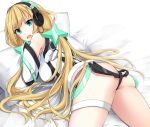  1girl angela_balzac ass bed_sheet blonde_hair blue_eyes breasts expelled_from_paradise headphones long_hair looking_at_viewer lying minami_machi on_stomach open_mouth pillow solo twintails 
