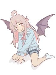  1girl :d ahoge alternate_costume alternate_hairstyle ascot bare_legs bat_wings blue_shirt blue_shorts blush bobby_socks braid brown_eyes commentary double-parted_bangs frilled_shirt_collar frilled_sleeves frills full_body hair_bun half_up_braid head_tilt highres kneeling long_hair looking_at_viewer no_shoes onii-chan_wa_oshimai! open_mouth oyama_mahiro pink_hair red_ascot rtbspecter shirt short_shorts shorts simple_background smile socks solo white_background white_socks wings 