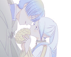  1boy 1girl absurdres blue_hair bread capelet closed_eyes commentary_request eating elf food forehead-to-forehead frieren grey_cloak heads_together highres himmel_(sousou_no_frieren) holding holding_food long_hair melon_bread pointy_ears sachinyopo simple_background sousou_no_frieren twintails white_background white_capelet 